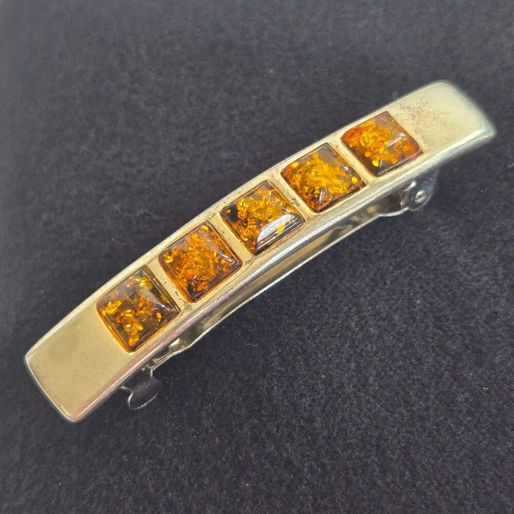 Vtg Genuine Baltic Amber French Barrette Hair Clip Cognac Square Mosaic 2.25